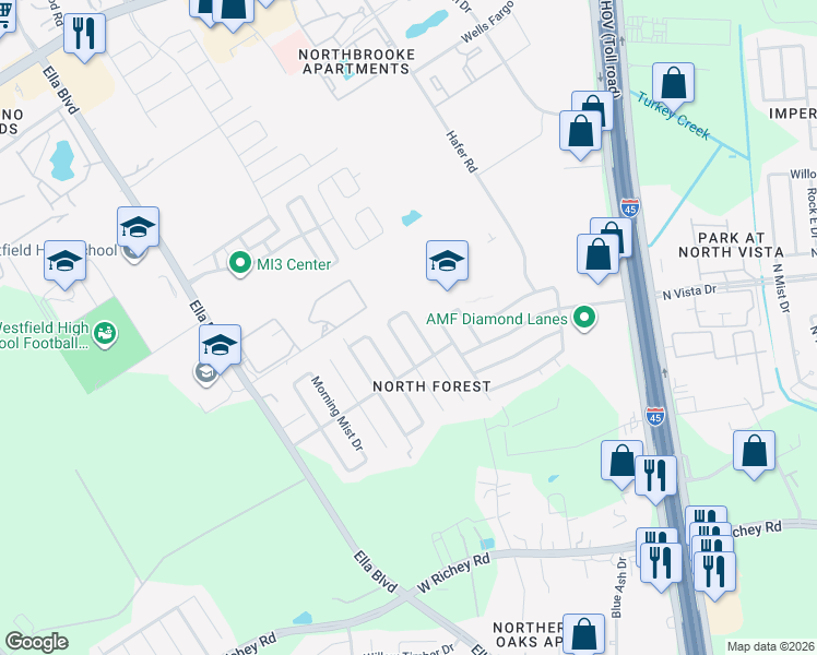map of restaurants, bars, coffee shops, grocery stores, and more near 16314 Green Shade Drive in Houston