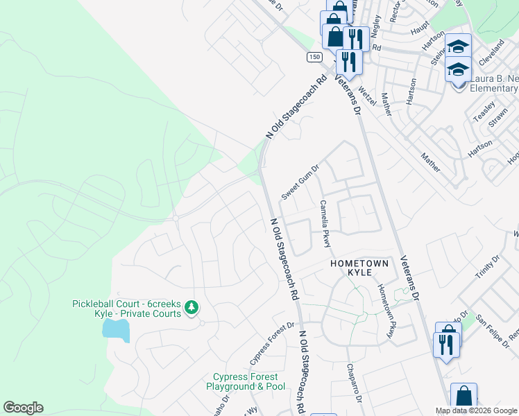 map of restaurants, bars, coffee shops, grocery stores, and more near 643 Coyote Creek Way in Kyle