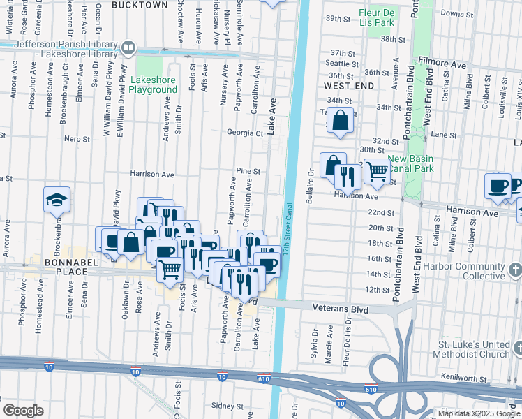 map of restaurants, bars, coffee shops, grocery stores, and more near 1048 Lake Avenue in Metairie
