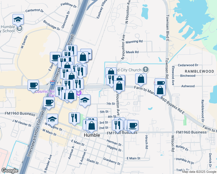 map of restaurants, bars, coffee shops, grocery stores, and more near 1107 North Houston Avenue in Humble