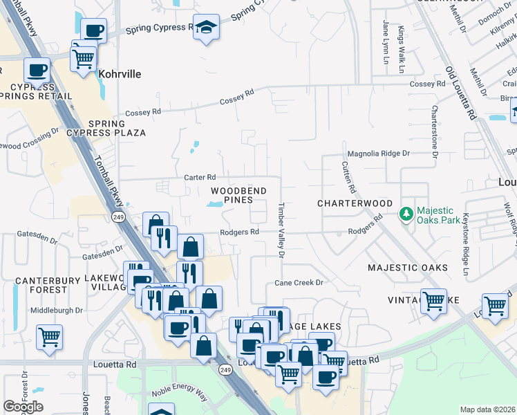 map of restaurants, bars, coffee shops, grocery stores, and more near 10015 Silverwood Way in Houston