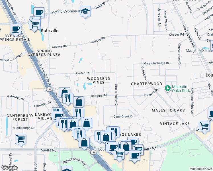 map of restaurants, bars, coffee shops, grocery stores, and more near 10015 Silverwood Way in Houston