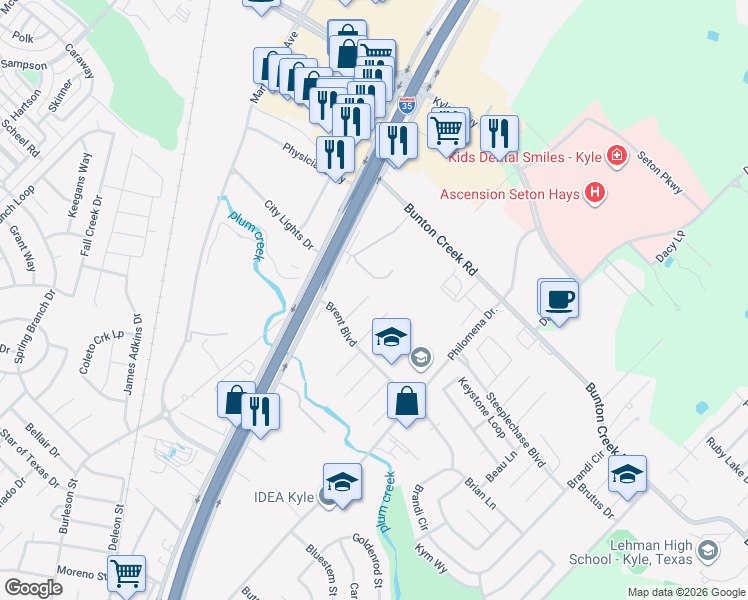map of restaurants, bars, coffee shops, grocery stores, and more near 144 Lex Word in Kyle