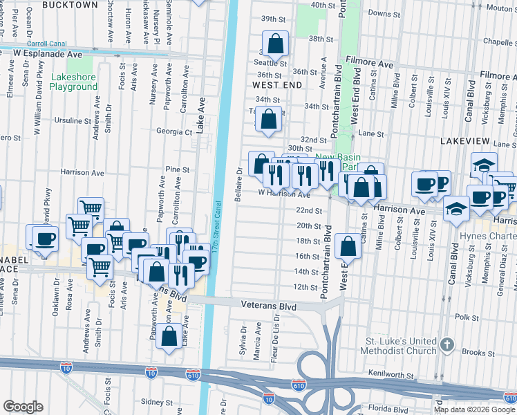 map of restaurants, bars, coffee shops, grocery stores, and more near 343 20th Street in New Orleans