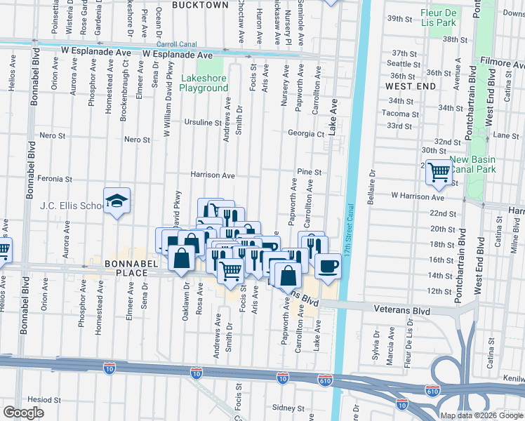 map of restaurants, bars, coffee shops, grocery stores, and more near 1044 Nursery Avenue in Metairie