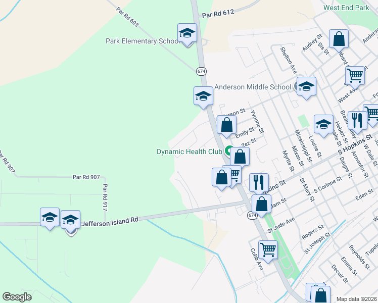 map of restaurants, bars, coffee shops, grocery stores, and more near 1817 Marigold Drive in New Iberia