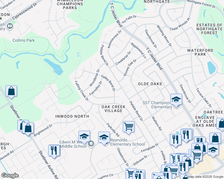 map of restaurants, bars, coffee shops, grocery stores, and more near 15314 Ripplestream Drive in Houston