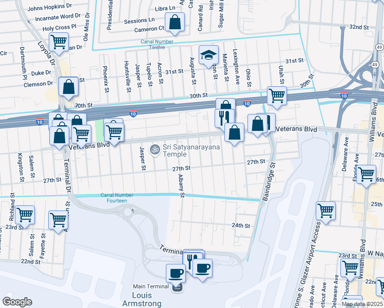 map of restaurants, bars, coffee shops, grocery stores, and more near 2717 Augusta Street in Kenner