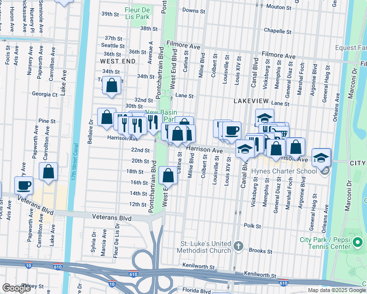 map of restaurants, bars, coffee shops, grocery stores, and more near 6222 Catina Street in New Orleans