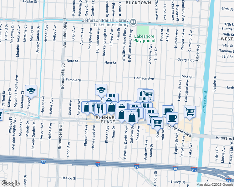 map of restaurants, bars, coffee shops, grocery stores, and more near 841 Sena Drive in Metairie