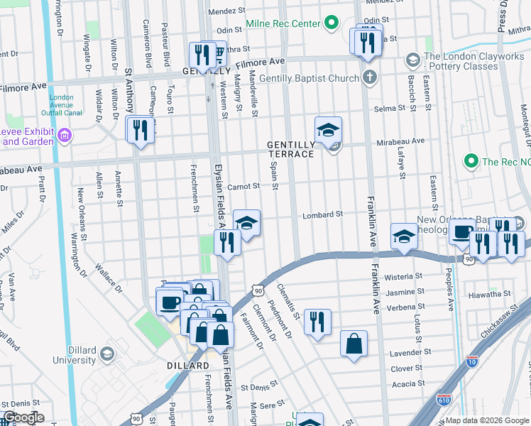 map of restaurants, bars, coffee shops, grocery stores, and more near 4457 Mandeville Street in New Orleans