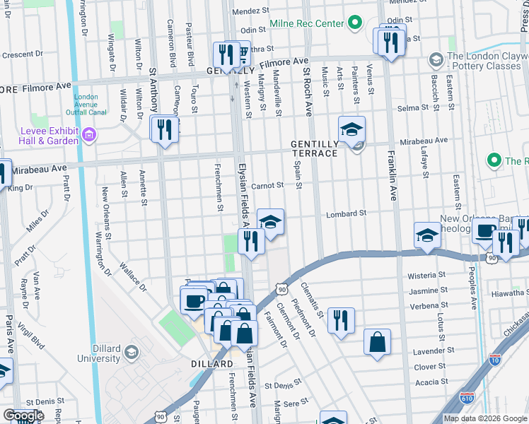 map of restaurants, bars, coffee shops, grocery stores, and more near 4605 Western Street in New Orleans