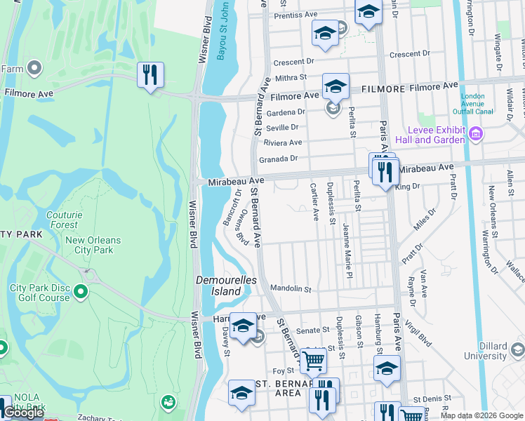 map of restaurants, bars, coffee shops, grocery stores, and more near 4700 Saint Bernard Avenue in New Orleans