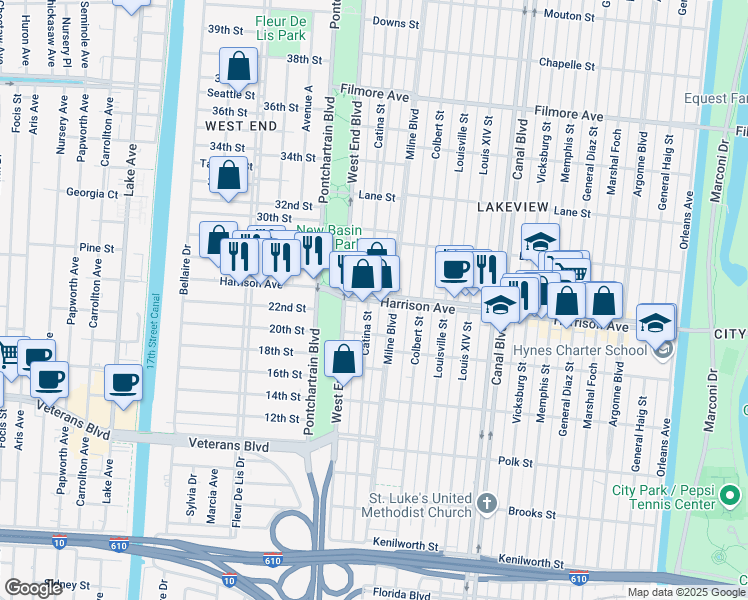 map of restaurants, bars, coffee shops, grocery stores, and more near 6222 Catina Street in New Orleans