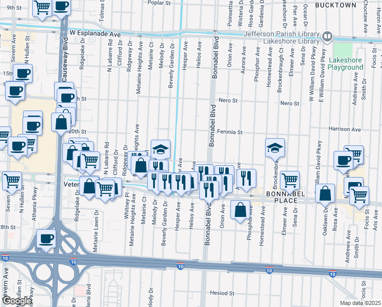 map of restaurants, bars, coffee shops, grocery stores, and more near 856 Helios Avenue in Metairie