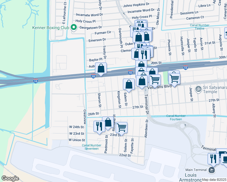 map of restaurants, bars, coffee shops, grocery stores, and more near 2745 Kingston Street in Kenner