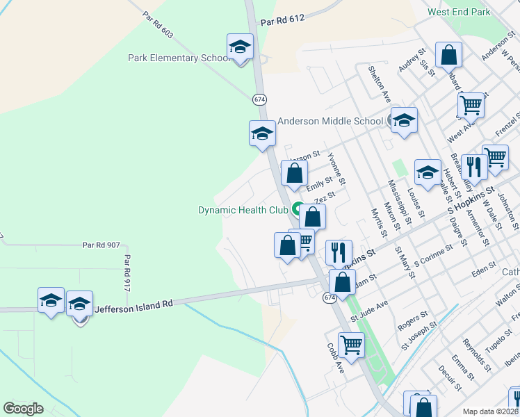 map of restaurants, bars, coffee shops, grocery stores, and more near 1817 Marigold Drive in New Iberia