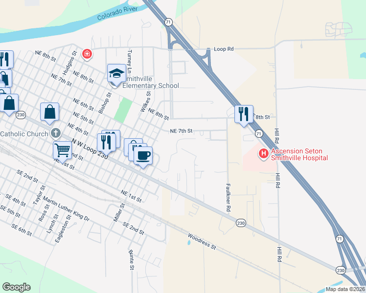 map of restaurants, bars, coffee shops, grocery stores, and more near 111 Callie Street in Smithville