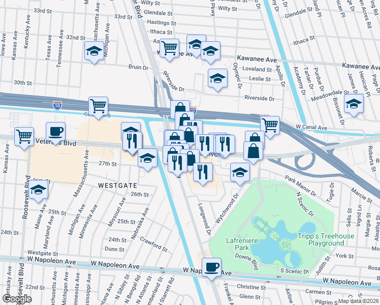 map of restaurants, bars, coffee shops, grocery stores, and more near 7044 Veterans Boulevard in Metairie