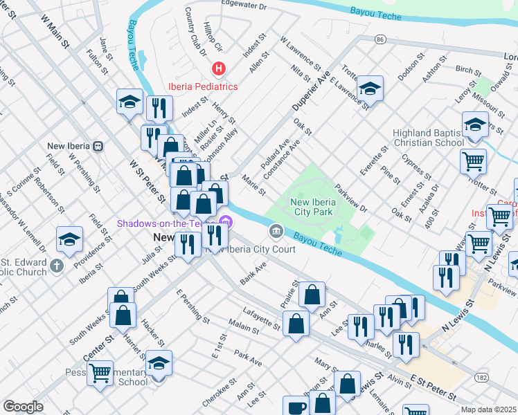 map of restaurants, bars, coffee shops, grocery stores, and more near 310 Marie Street in New Iberia