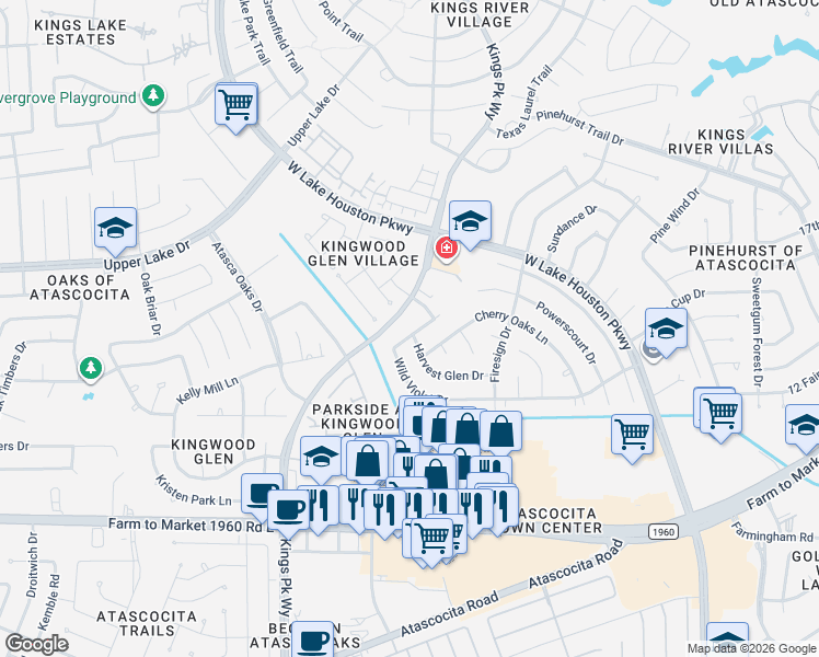 map of restaurants, bars, coffee shops, grocery stores, and more near 6815 Wild Violet Drive in Humble