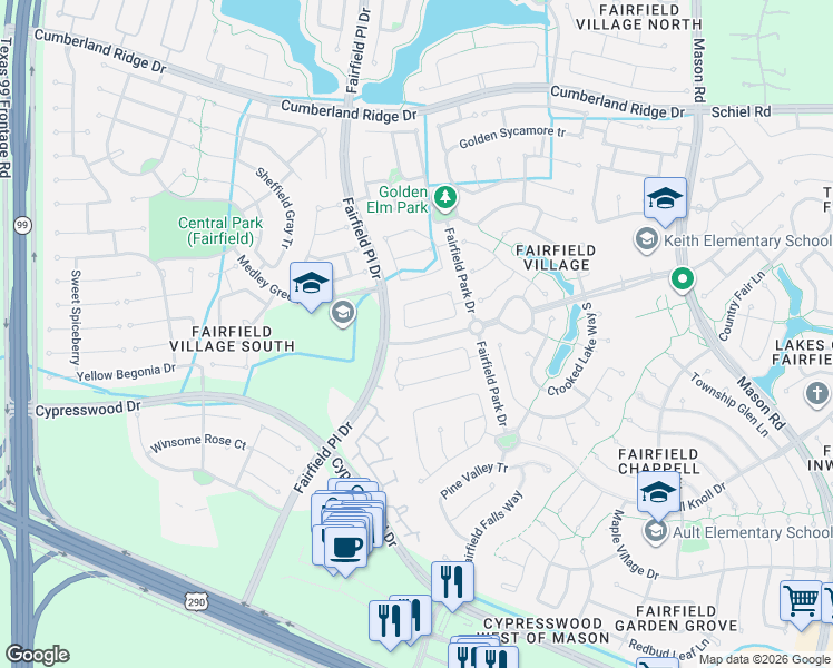 map of restaurants, bars, coffee shops, grocery stores, and more near 15335 Coral Leaf Trail in Cypress