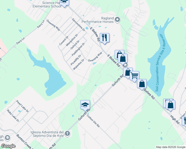 map of restaurants, bars, coffee shops, grocery stores, and more near 415 Westminster Drive in Kyle
