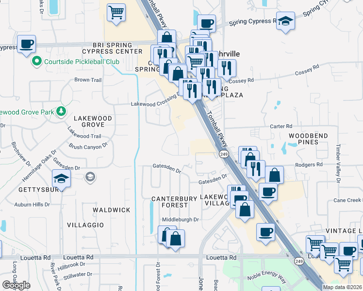 map of restaurants, bars, coffee shops, grocery stores, and more near 15811 Maple Falls Court in Tomball