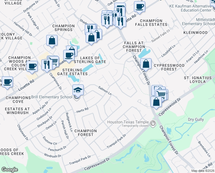 map of restaurants, bars, coffee shops, grocery stores, and more near 16118 Salmon Lane in Spring