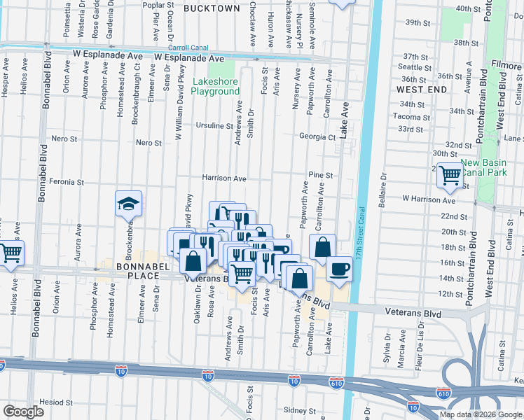 map of restaurants, bars, coffee shops, grocery stores, and more near 1033 Focis Street in Metairie