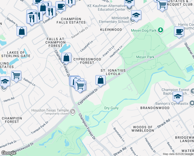 map of restaurants, bars, coffee shops, grocery stores, and more near 8100 Cypresswood Drive in Spring