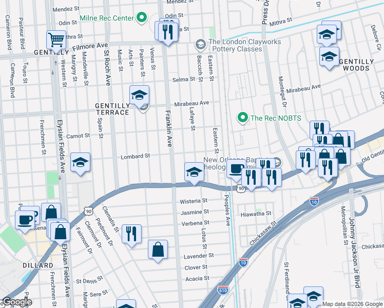 map of restaurants, bars, coffee shops, grocery stores, and more near 4461 Lafaye Street in New Orleans
