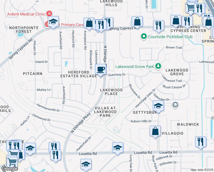 map of restaurants, bars, coffee shops, grocery stores, and more near 16113 Sweetwater Fields Lane in Tomball