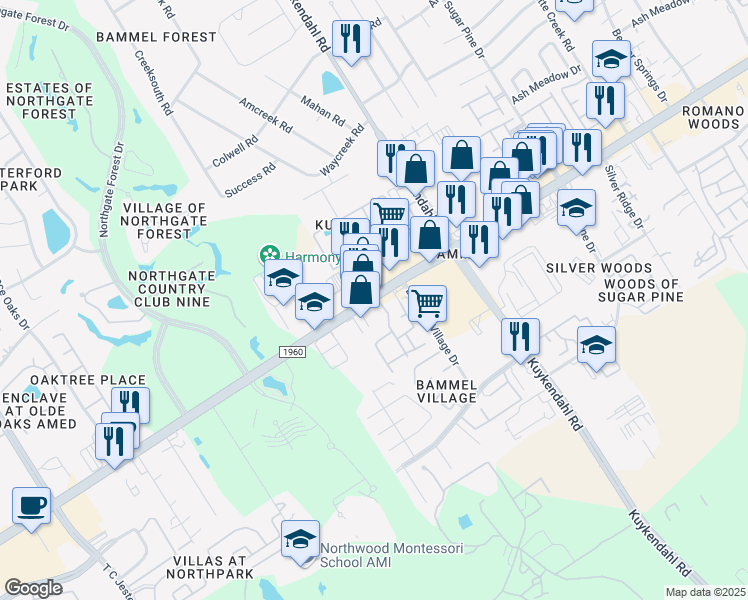 map of restaurants, bars, coffee shops, grocery stores, and more near 2431 FM 1960 Road East in Houston