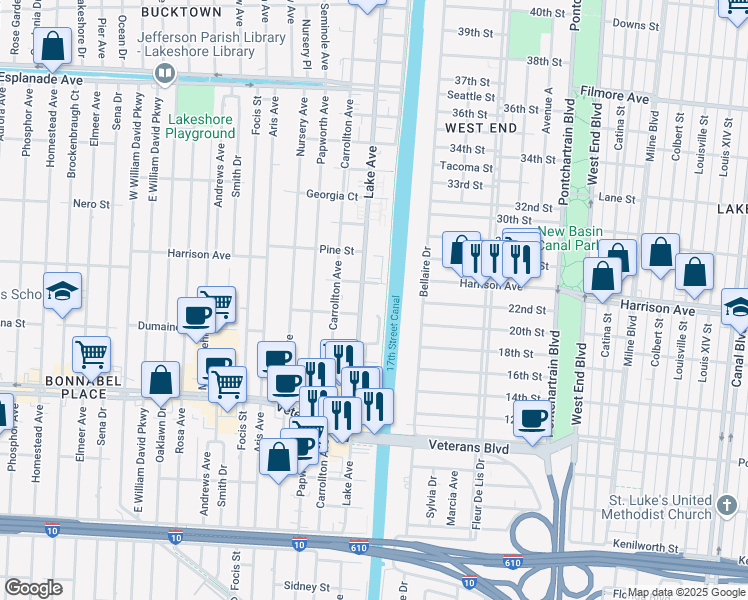 map of restaurants, bars, coffee shops, grocery stores, and more near 119 Walnut Street in Metairie