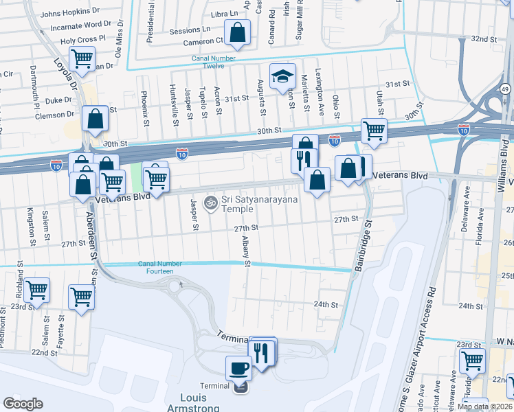 map of restaurants, bars, coffee shops, grocery stores, and more near 2717 Augusta Street in Kenner