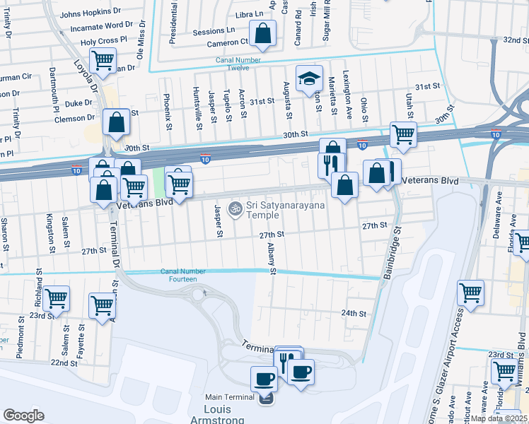 map of restaurants, bars, coffee shops, grocery stores, and more near 2706 Albany Street in Kenner