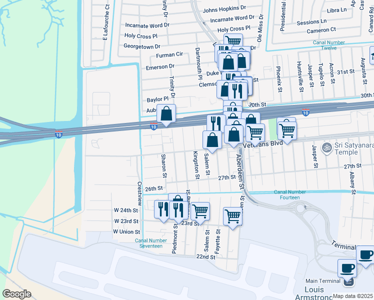 map of restaurants, bars, coffee shops, grocery stores, and more near 2745 Kingston Street in Kenner
