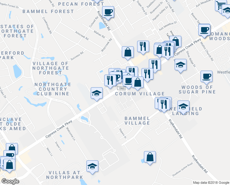 map of restaurants, bars, coffee shops, grocery stores, and more near 2507 Cypress Creek Parkway in Houston