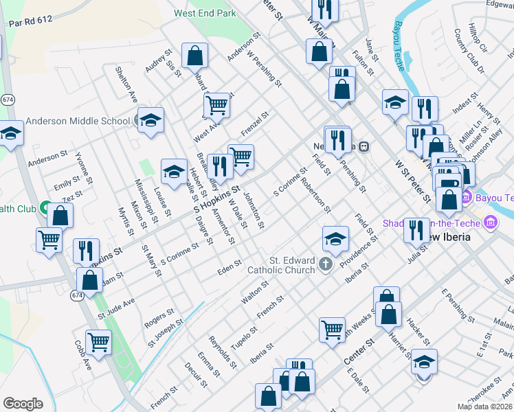 map of restaurants, bars, coffee shops, grocery stores, and more near 482-484 Johnston Street in New Iberia