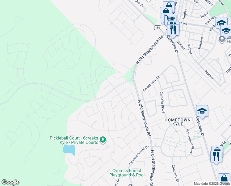 map of restaurants, bars, coffee shops, grocery stores, and more near 361 Coyote Creek Way in Kyle