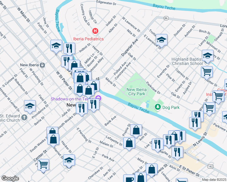 map of restaurants, bars, coffee shops, grocery stores, and more near 310 Marie Street in New Iberia