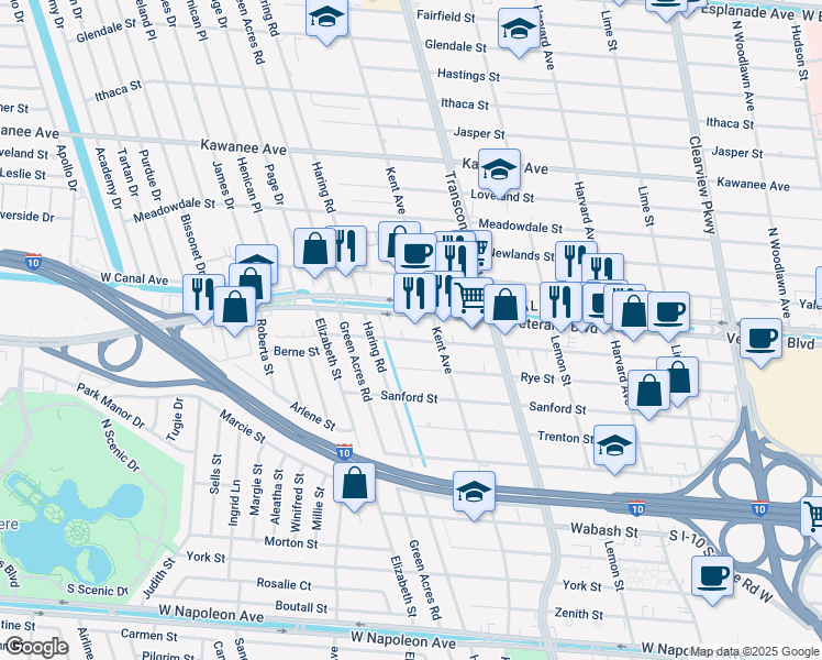 map of restaurants, bars, coffee shops, grocery stores, and more near 5220 Quincy Street in Metairie