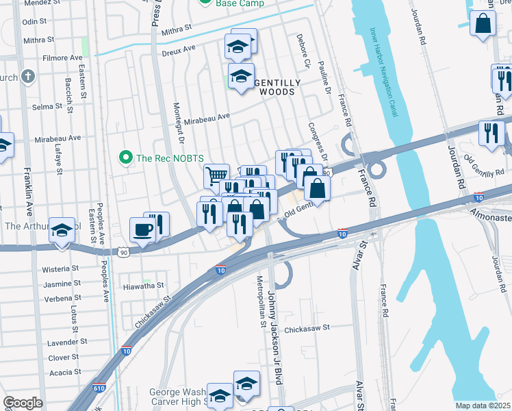 map of restaurants, bars, coffee shops, grocery stores, and more near 7372 Louisa Street in New Orleans
