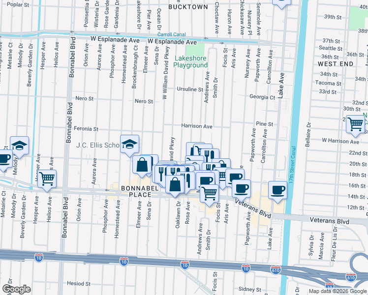 map of restaurants, bars, coffee shops, grocery stores, and more near 852 Rosa Avenue in Metairie