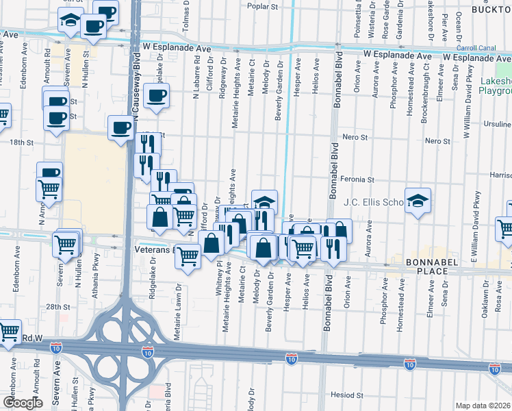 map of restaurants, bars, coffee shops, grocery stores, and more near 932 Melody Drive in Metairie