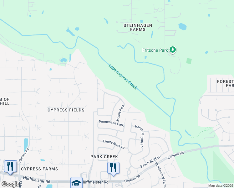 map of restaurants, bars, coffee shops, grocery stores, and more near 16846 Ranger Ridge Drive in Harris County