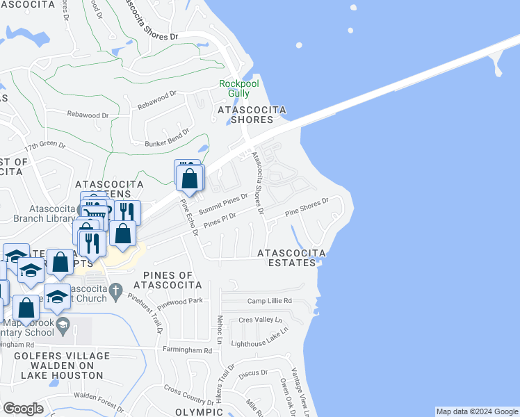 map of restaurants, bars, coffee shops, grocery stores, and more near 19781 Atascocita Shores Drive in Atascocita