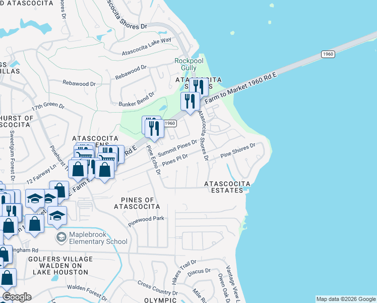 map of restaurants, bars, coffee shops, grocery stores, and more near 8719 Summit Pines Drive in Humble