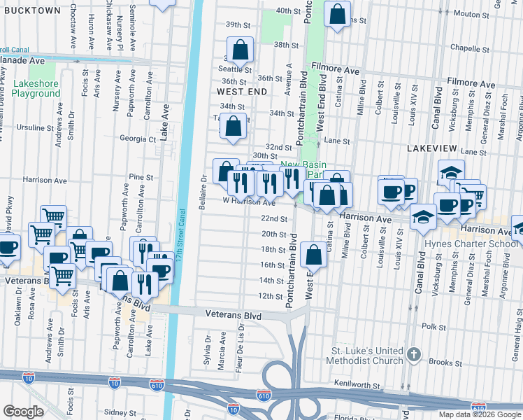 map of restaurants, bars, coffee shops, grocery stores, and more near 247 Harrison Avenue in New Orleans